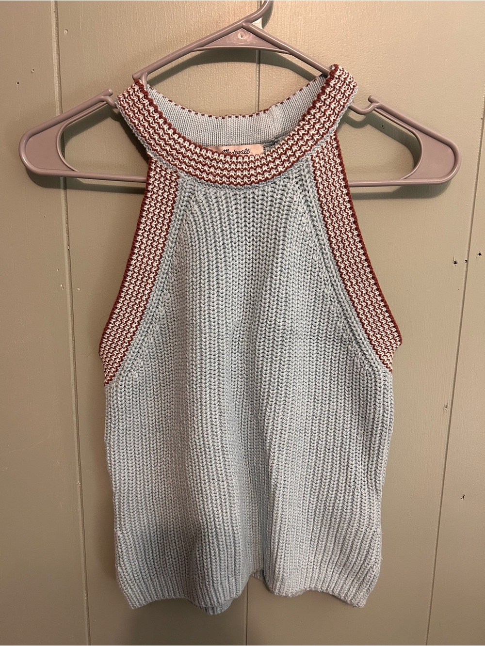 Madewell Light Blue Knit Halter Tank with Rust Trim